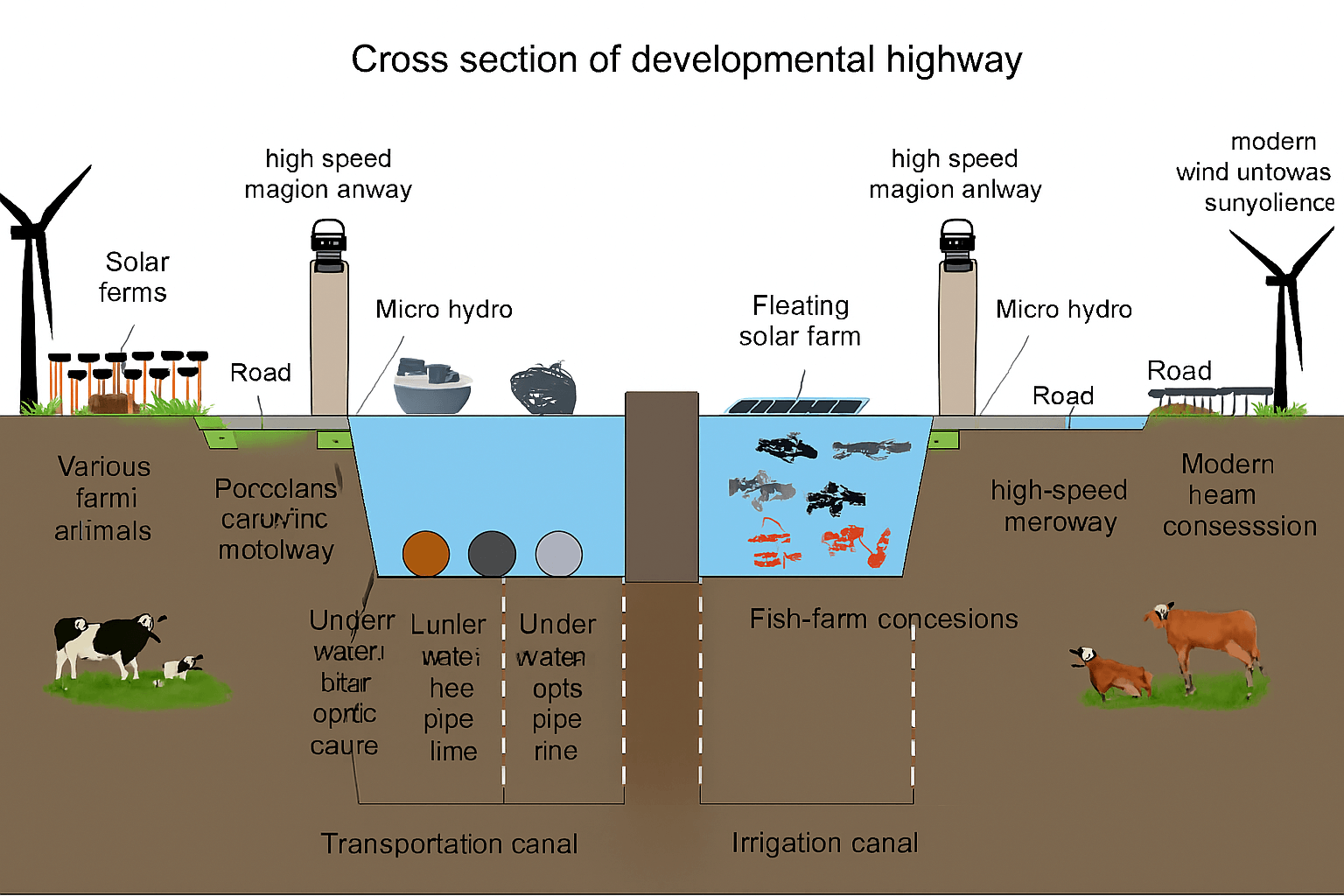 Cross-section of a developmental highway with sustainable infrastructure