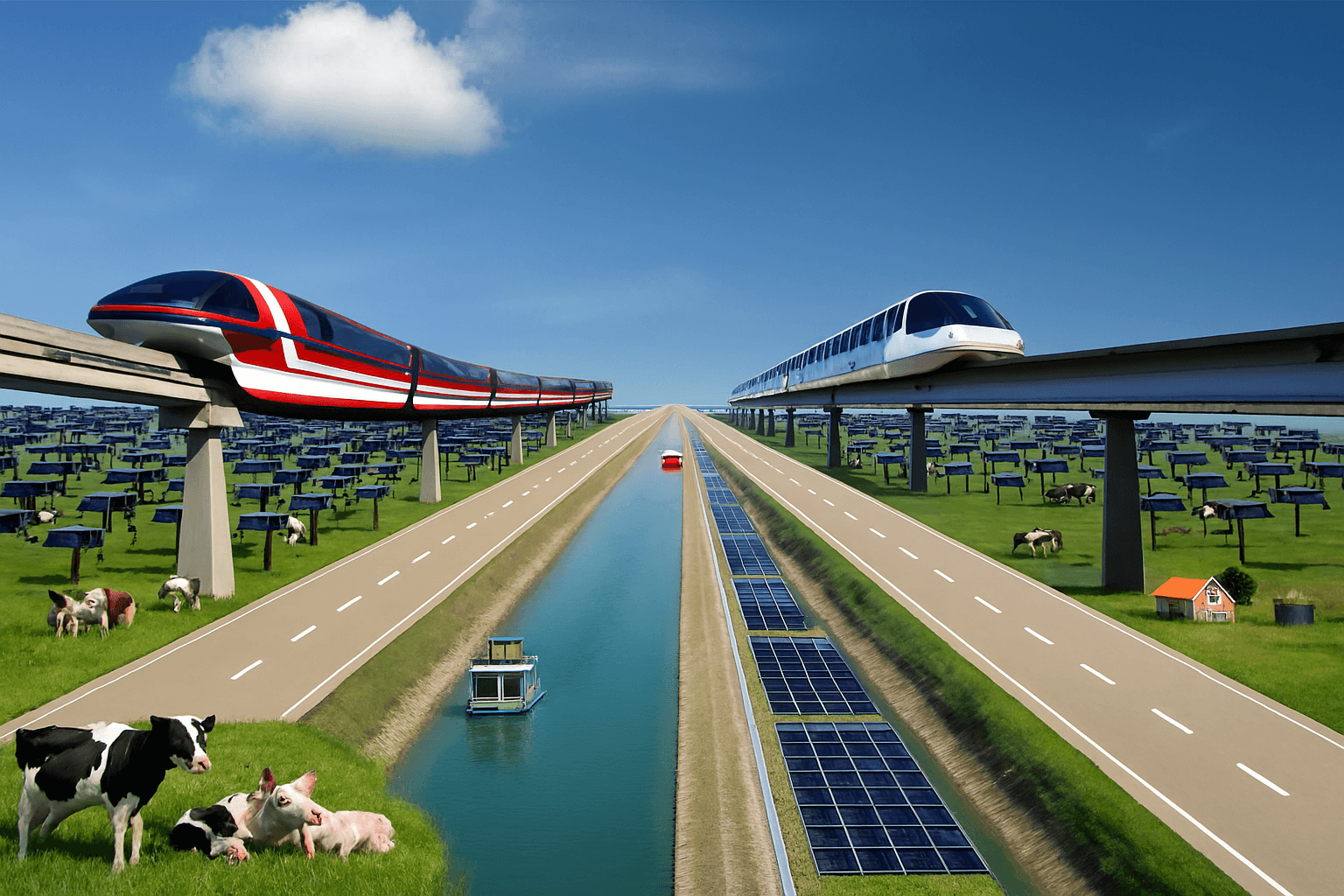 Futuristic monorail and canal with solar panels
