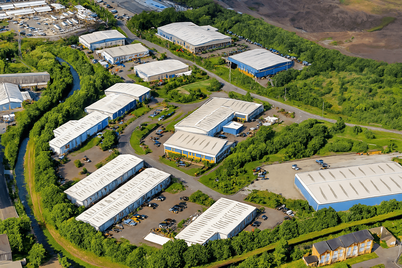 Aerial view of a large industrial park with multiple warehouses and logistics buildings.