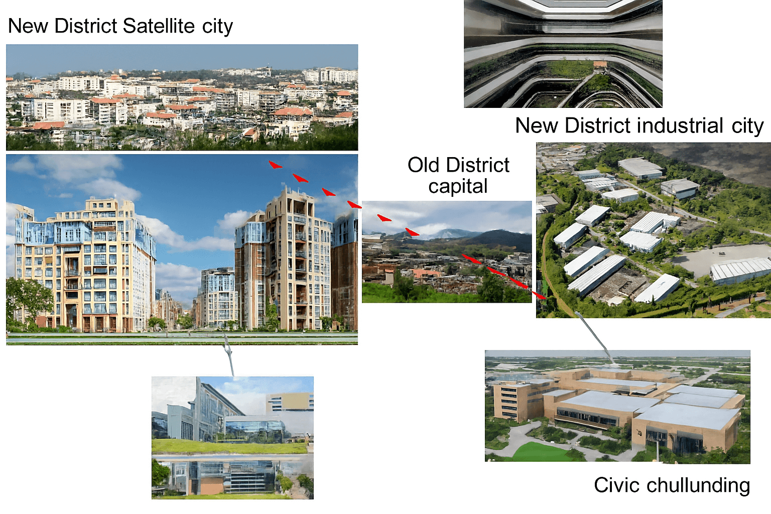 An illustration showing the transition from an old capital to new, modern districts, depicting urban growth and infrastructure development.