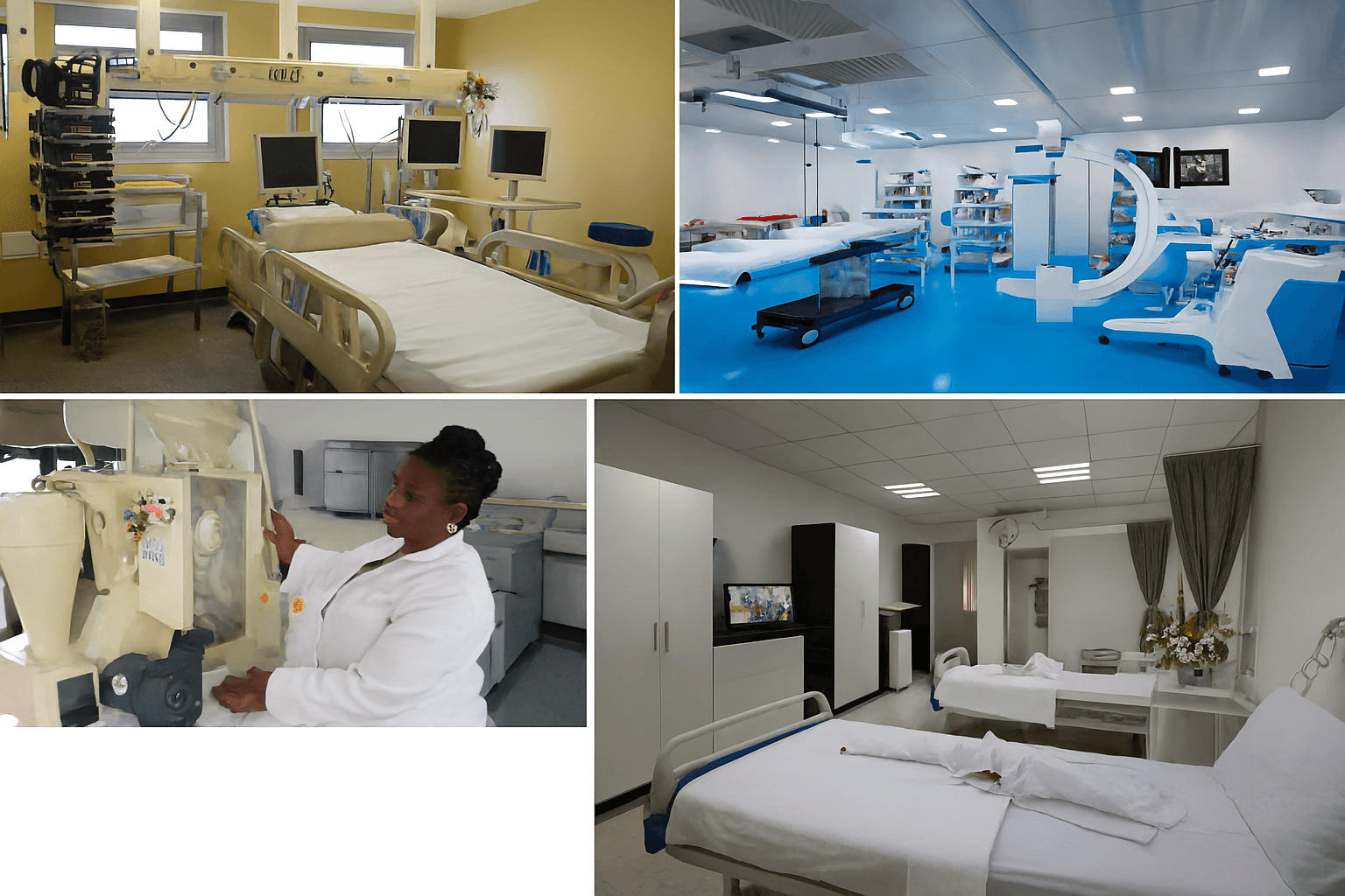 A collage depicting modern hospital facilities and diverse healthcare environments, representing medical tourism.