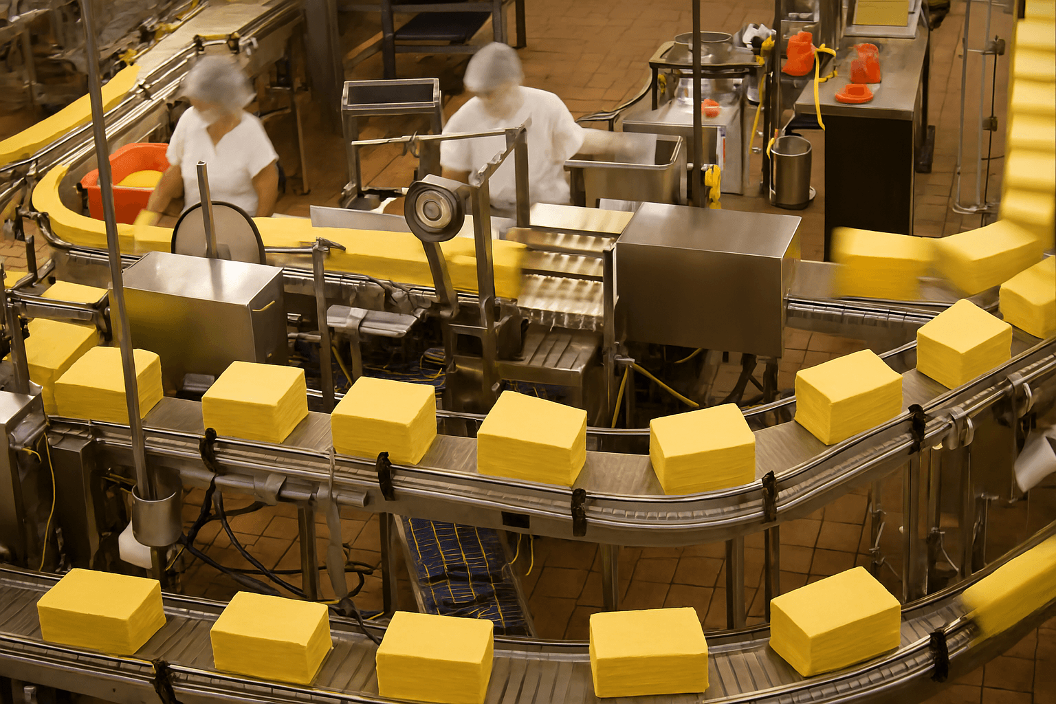Cheese processing and packaging on a conveyor belt