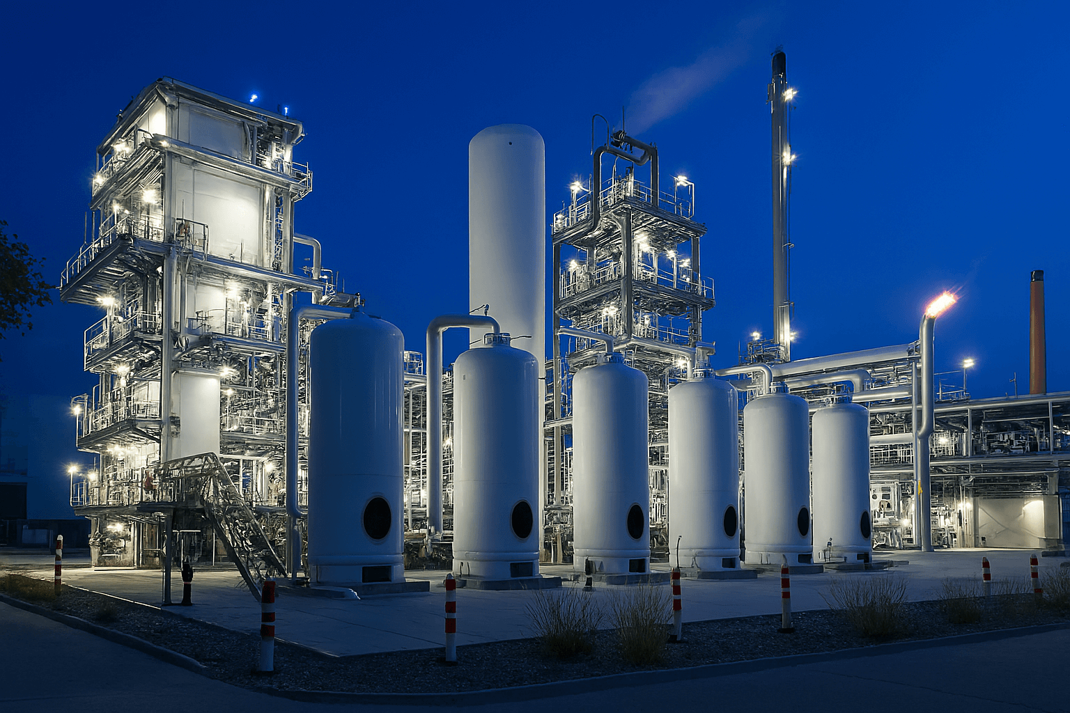 Industrial chemical plant at night with flare stack