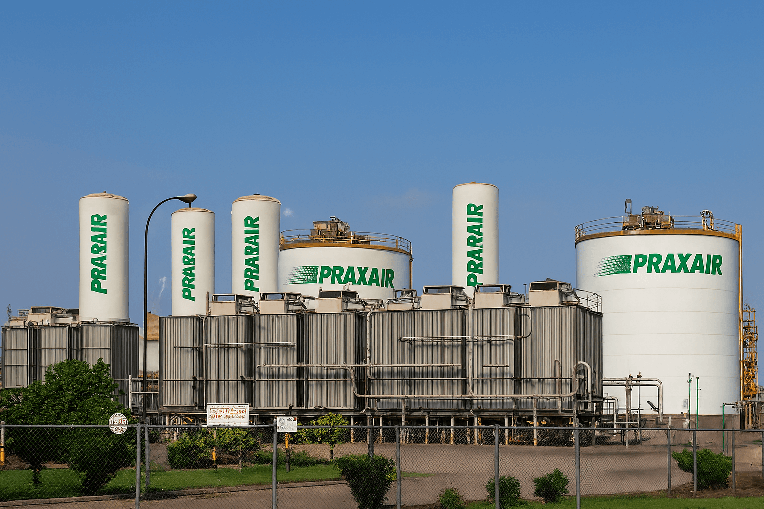 Praxair industrial gas tanks at a processing site