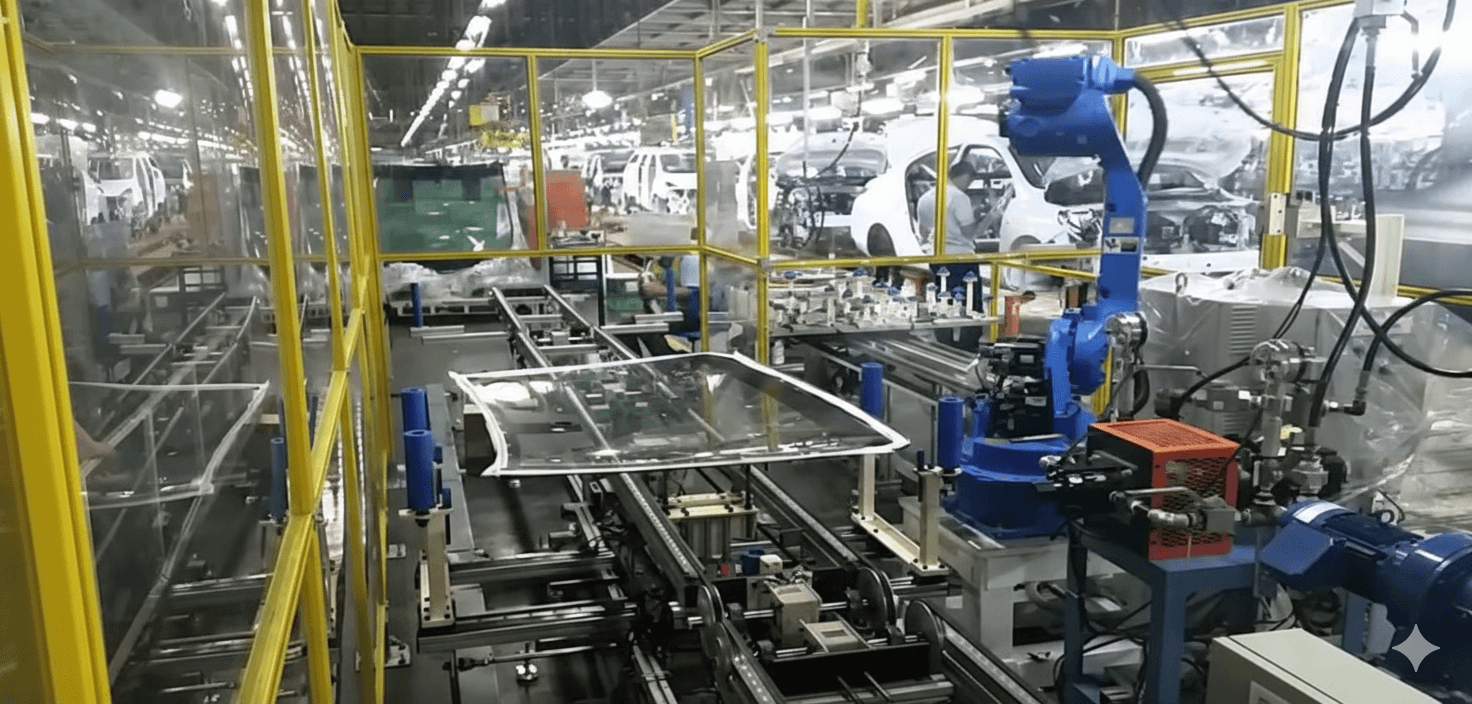 Robotic arm installing automotive glass