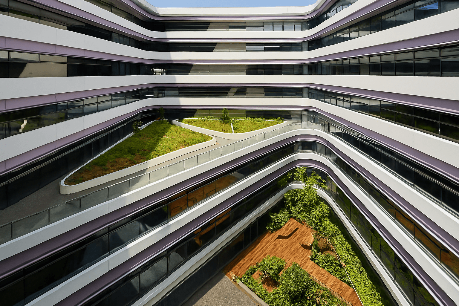 Conceptual architecture of a modern university courtyard with curved balconies, green spaces, and futuristic design.