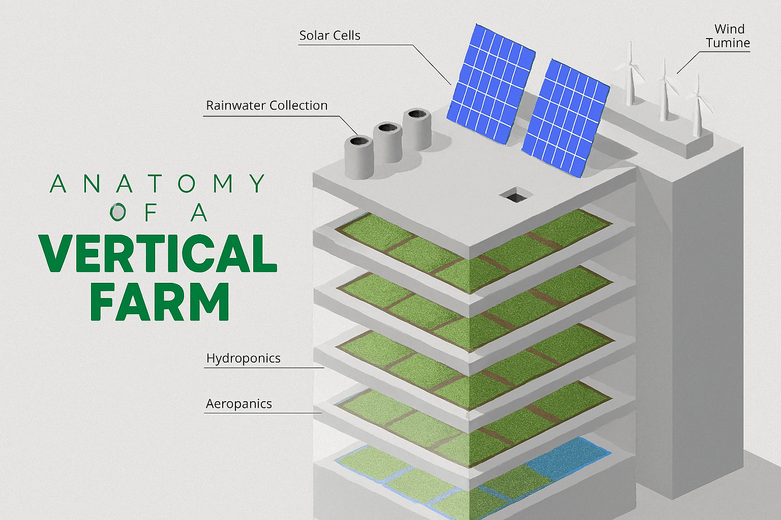 An infographic showing the anatomy of a vertical farm, illustrating sustainable urban agriculture with multiple layers of crops.